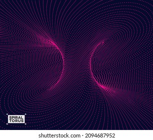 Vector torus inside view with twisting pink dots in lines on dark blue background.