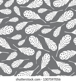 Vector tossed white feathers seamless repeat pattern background.