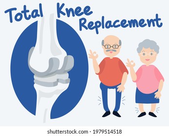 Vector Of Total Knee Replacement Or Total Knee Arthroplasty With Couple Elderly Character. Orthopedic Surgery Illustration.