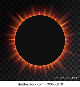 Vector total solar eclipse with corona on transparent background.