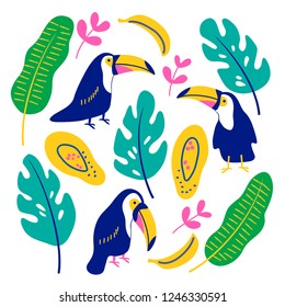 vector toucan bird tropical leaf palm fruit element set on white childish simple  cute pattern for you design paper for kids