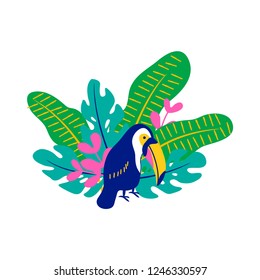 vector toucan bird tropical leaf palm fruit element set on white childish simple  cute pattern for you design paper for kids