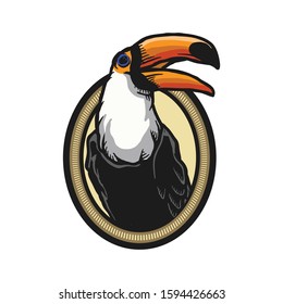 
Vector toucan. Exotic tropical bird sitting on branch. Bright illustration cartoon style for summer tropical paradise advertising vacation design.
