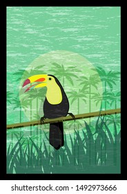 vector toucan illustration with tropical vintage background