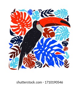 Vector toucan in jungle, tropical illustration, Brazilian card concept design, colorful bird drawing