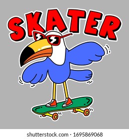 VECTOR OF A TOUCAN ON SKATEBOARD, BIRD WITH SUNGLASSES, SLOGAN PRINT VECTOR