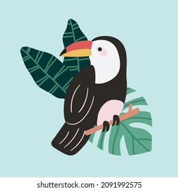 Vector Toucan Parrot Bird with Tropical Leaves on Teal Background