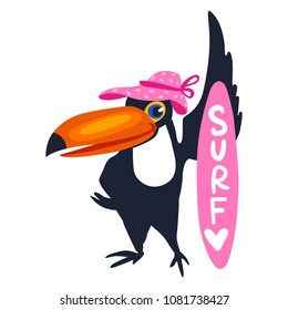 Vector toucan with surf. Funny summer illustration. Cartoon exotic birds. Tropical art. Jungle bird. Cute surfer toucan.