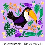 vector Toucan with tropical flowers and leaves doodles. Illustration for notebook design, children’s books, clothes, web, social media. Typical  ramphastos Toco toucan and orchid, plumeria, strelitzia