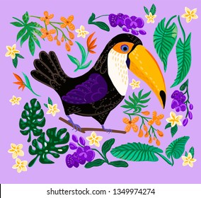 vector Toucan with tropical flowers and leaves doodles. Illustration for notebook design, children’s books, clothes, web, social media. Typical  ramphastos Toco toucan and orchid, plumeria, strelitzia