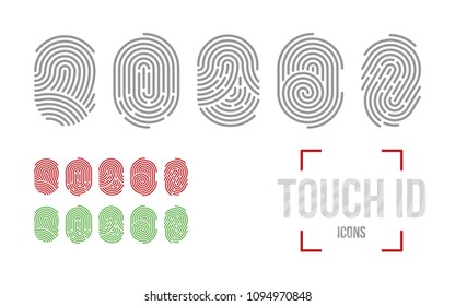 Vector Touch ID icons set. Finger print scanning identification system. Biometric authorization, business security and personal data protection concept