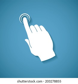 Vector touch screen concept with human palm and index finger pointing or pressing virtual button