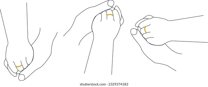 Vector touching hands set. A mans hand gently holds a womans hand. Line art hands. Love symbol, gesture - together, tenderness, love.