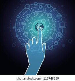 Vector touchscreen concept - hand touching internet sign with social media icons