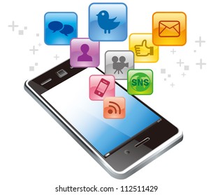 Vector touchscreen smartphone with social media icons isolated on white background