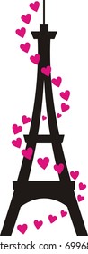Vector Tour d'Eiffel and spiral from red hearts - isolated illustration on white background