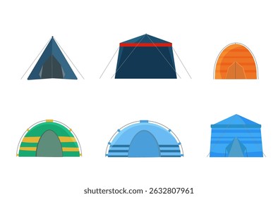 Vector tour icon with tent and camper in forest background showing cartoon campsite for tourism adventure with hiking tools and summer outdoor holiday concept in nature recreation flat style

