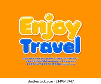 Vector tourism advertisement Enjoy Travel. Blue glossy Font. Bright Alphabet Letters, Numbers and Symbols set