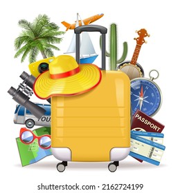 Vector Tourism Concept with Yellow Suitcase isolated on white background