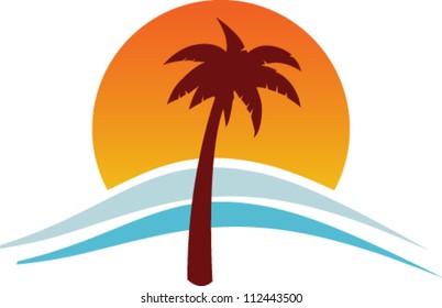 Vector tourism design with sunset and palm tree for your use on white background