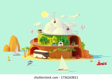 Vector tourism and travel illustration. Summer and winter travel by coach bus, car, camper, sailboat and plane. Road around island from winter and snowy mountains to summer beach with palm trees