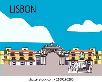 vector of tourist attraction in Lisbon Portugal "Praça do Comércio"