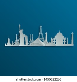 Vector, tourist attractions, world style, paper cutting. Road trip. Tourism. Landmarks on the globe. Concept website template. Vector illustration. Modern flat design.