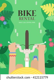 Vector tourist background with bicycle and woman in the urban environment, top view. The bright concept the flyers for bike rental. 