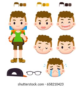 Vector tourist character with different facial expressions and objects isolated on white background