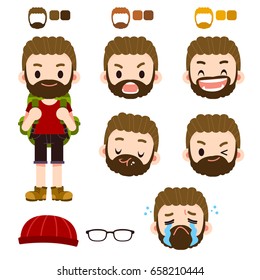 Vector tourist character with different facial expressions and objects isolated on white background