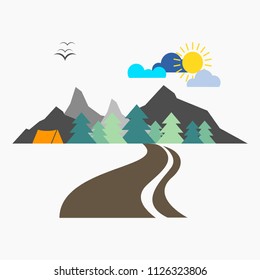 vector tourist drawing mountains with trees in the forest with tent and clouds and sun for travels and trips on a white background