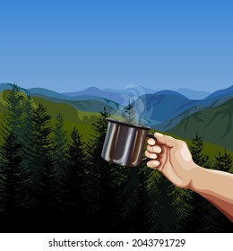 Vector tourist hiking illustration. Hand holds an aluminum cup against a background of green mountains