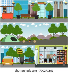 Vector tourist interior poster, banner set with city street, taxi stand, street food kiosk, camping site, gift shop. Flat style design.