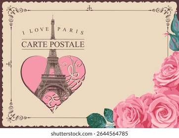 Vector tourist postcard with Eiffel Tower in Paris and words I love Paris. Valentine's day card in vintage style with roses and heart sign. French language school. Flyer, advertising banner. No ai use
