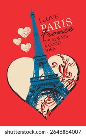 Cartão postal turístico vetorial com Torre Eiffel em Paris França e palavras I love Paris. Cartão de dia dos namorados em estilo vintage com sinal de coração. Escola de francês. Banner do anúncio. Nenhuma IA usada.