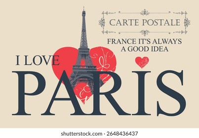 Vector tourist postcard with Eiffel Tower in Paris and words I love Paris. Valentine's day card in vintage style with heart sign. French language school. Flyer, advertising banner. No ai used