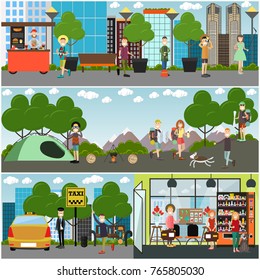 Vector tourist poster, banner set with travelers going hiking, camping, sightseeing, buying souvenirs, waving to taxi driver. Flat style design.