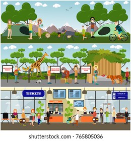 Vector tourist poster, banner set with travelers going hiking, camping, visiting zoo, passing ticket control and security checkpoint at airport terminal. Flat style design.