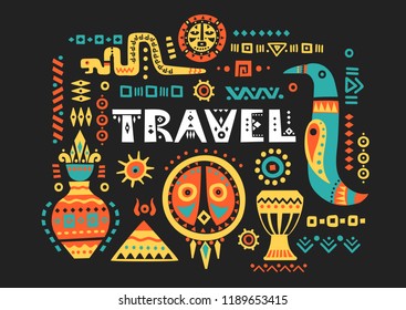 Vector tourist poster with hand-drawn african symbols and lettering "Travel" on a black background.