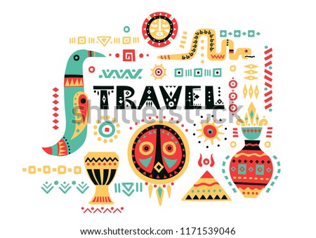 Vector tourist poster with hand-drawn african symbols and lettering 