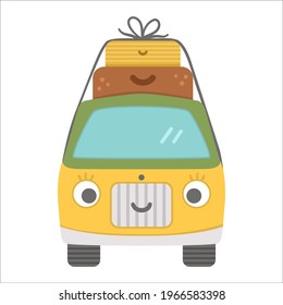 Vector tourist van with suitcases on top. Cute kawaii camper with eyes and mouth. Camping car illustration. Journey vehicle concept. Funny truck icon with bags
