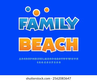 Vector touristic advertisement Family Beach. Modern style Font. Uppercase Blue Alphabet Letters and Numbers set