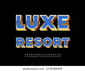 Vector Touristic Advertisement Complejo turístico de lujo. Increíble fuente azul y dorada. Conjunto de letras y números de alfabeto 3D lujoso.