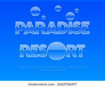 Vetor Publicidade turística Paradise Resort. Fonte de vidro transparente. Letras e Números de Alfabeto de Estilo Cristal definidos.