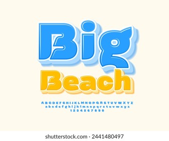 Vector touristic badge Big Beach. Creative Blue 3D Font. Decorative Alphabet Letters and Numbers set.