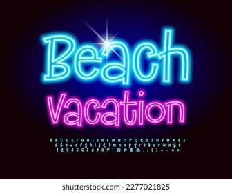 Vector touristic banner Beach Vacation. Playful style Font. Neon Blue Alphabet Letters, Numbers and Symbols set