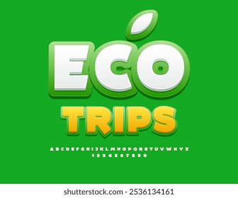Vector touristic banner Eco Trips. Creative White and Green Font. Artistic Alphabet Letters, Numbers and Symbols set.