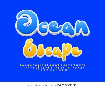 Vector turístico Anuncio Ocean Escape. Fuente Sunny Yellow. Conjunto de letras y números decorativos del alfabeto.