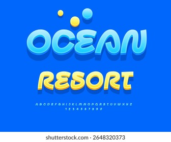 Vector Touristic board Ocean Resort. Artistic Blue Font. 3D Unique Alphabet Letters and Numbers set.