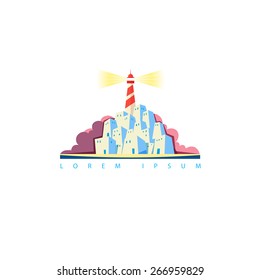 Vector touristic emblem with lighthouse on the island
